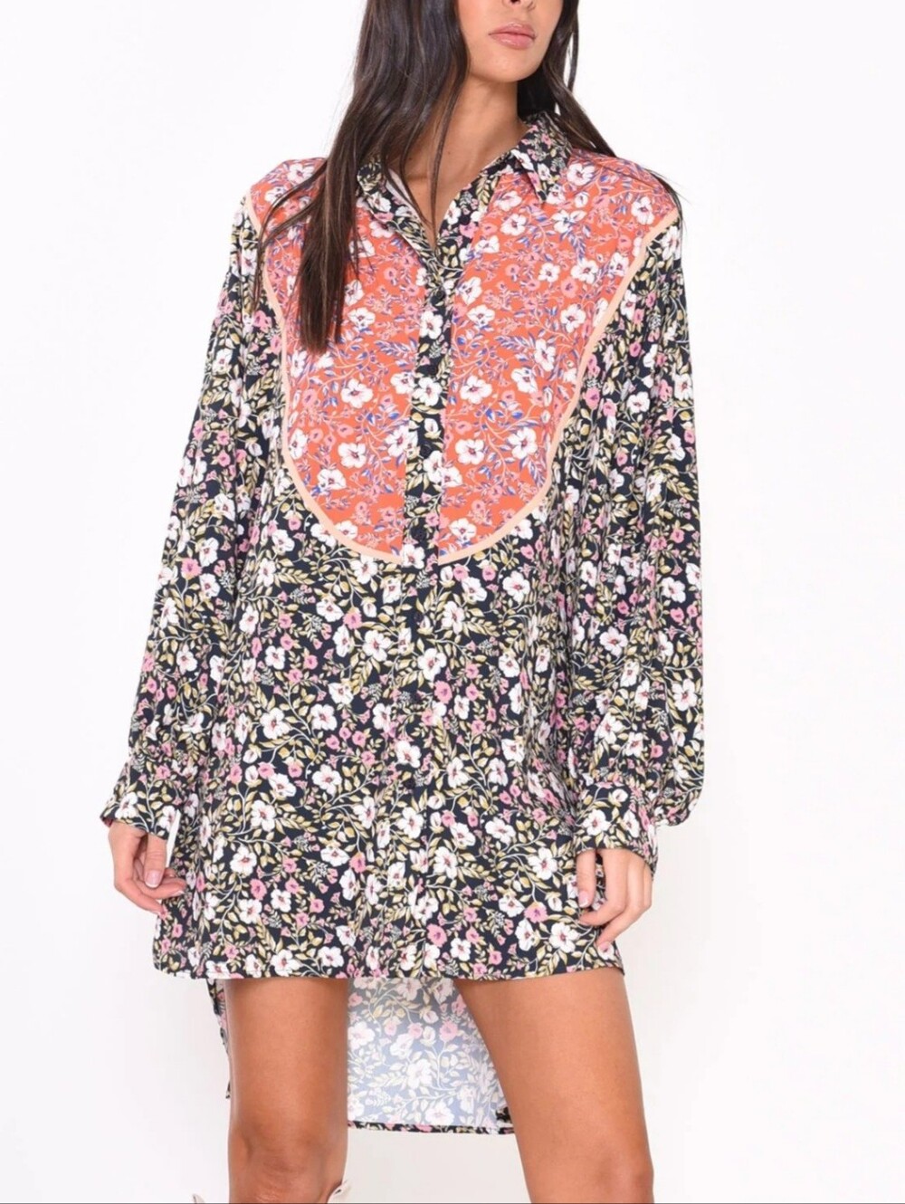 Amorous Floral Button-Up Shirt Dress in Black and Coral Accents